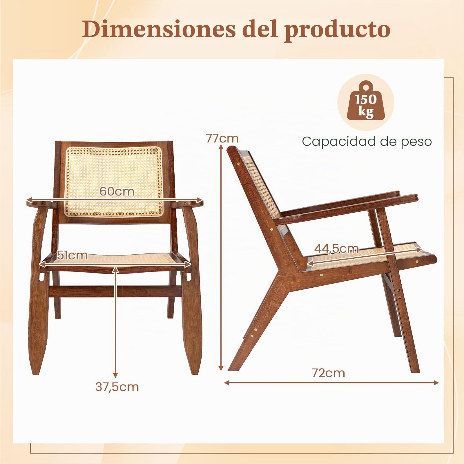 GIANTEX Sillón de Relax de Bambú con Respaldo Inclinado y Apoyabrazos, Diseño de Ratán Tejido, 60 x 72 x 77 cm, Carga hasta 150 kg, Silla Baja para Salón, Dormitorio, Balcón