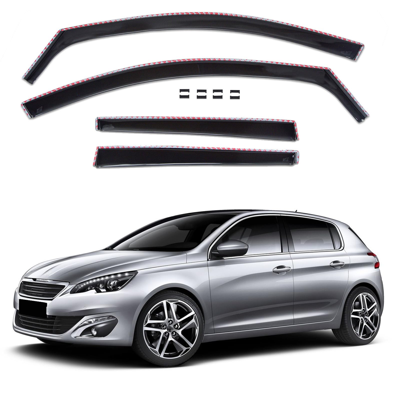 J&J AUTOMOTIVE GD Déflecteurs d'air et de Vent pour Peugeot 308 5P. Berline 2014-2021, Ensemble 4pcs, Teintés, Avant et Arrière, Aérodynamique