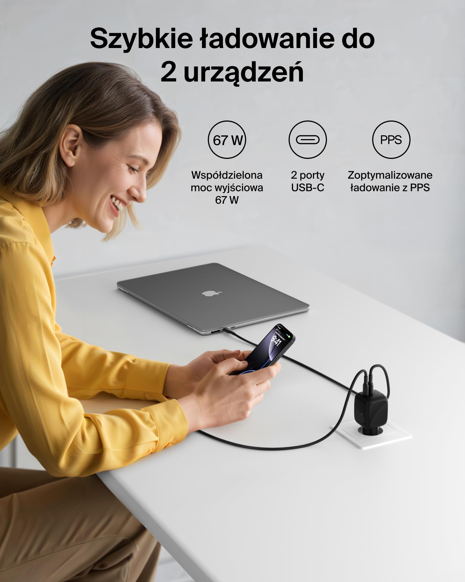 Belkin BoostCharge Pro 2-portowa Ładowarka USB-C 67 W, Szybkie Ładowanie | Ładowarka GaN z 2 Portami USB-C Urządzeń MacBook, iPhone, iPad Pro, Chromebook, Samsung Galaxy, Pixel – Czarna