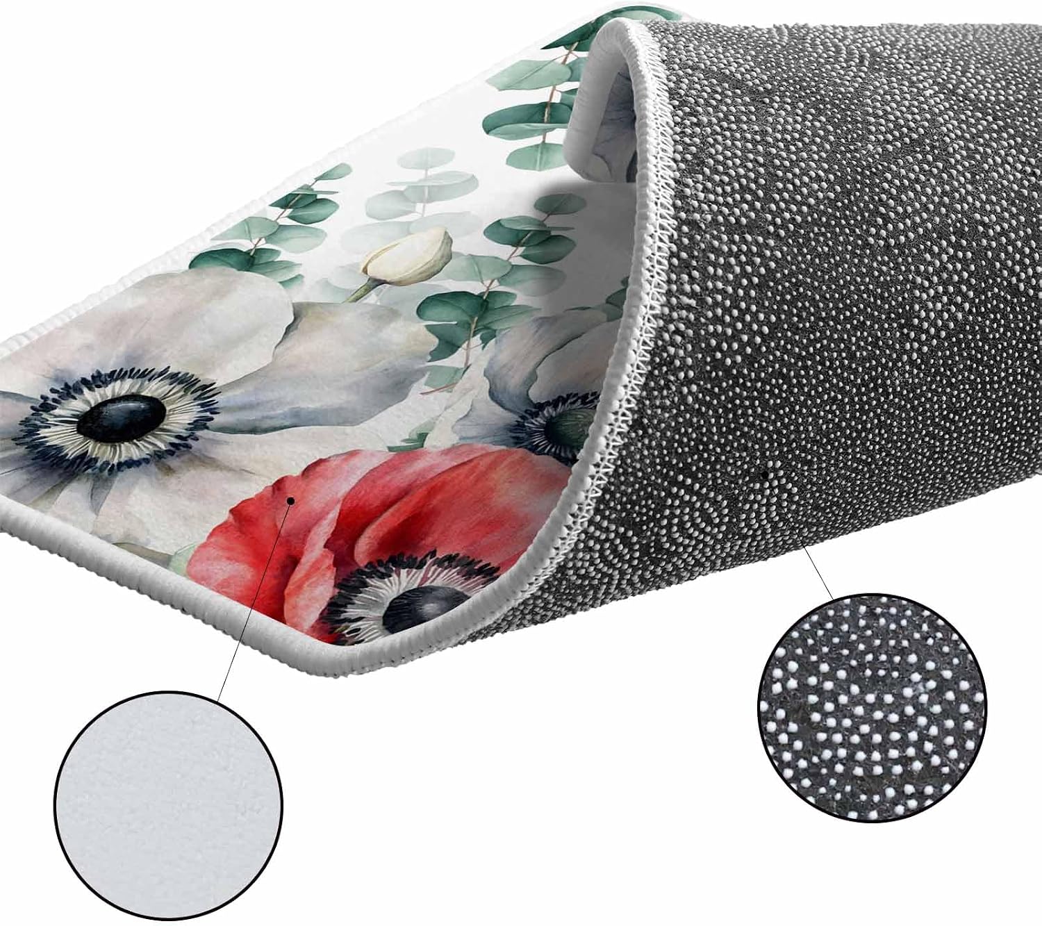 Poppy Flowers Eucalyptus Kitchen Rugs and Mats Set of 2, Non-Slip Kitchen Sink Mat, Farmhouse Weeping Botanical Washable Doormat Bathroom Rugs Runner for Bedroom/Living Room 15.7"x23.6"+15.7"x47.2"
