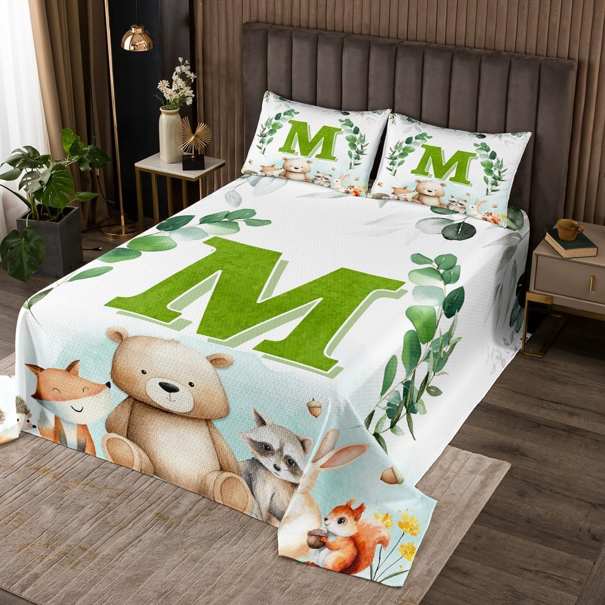 Erosebridal Initial Letter Coverlet Set - Birthday Gifts for Nursery Kids Boys Girls Cartoon Cute Woodland Animal King Size Bedspread Set Eucalyptus Leaves Bedding Sets(M)