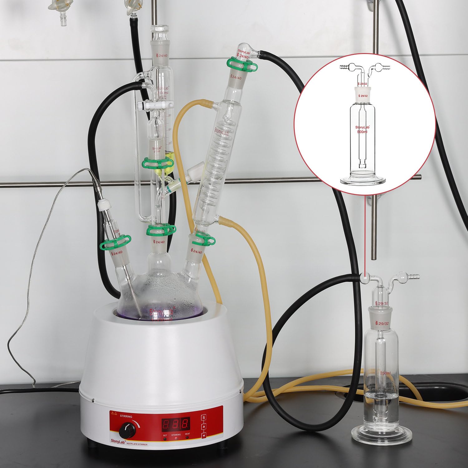 stonylab Frasco Drechsel para Lavado de Gas, Frasco de Vidrio de Borosilicato para Lavado de Gas con Junta Estándar 29/32 y Manguera Dentada de 8 mm, Capacidad de 500 ml