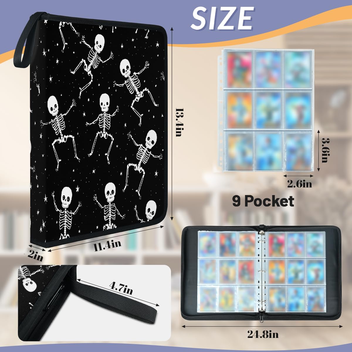 Classeur pour cartes à collectionner - 9 poches - Motif tête de mort - Pour Halloween - Gothique - Squelette - Avec pochettes amovibles - Étanche - Avec fermeture éclair - Capacité de 50 pages