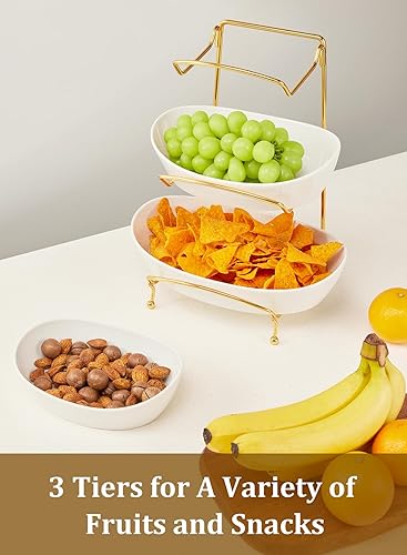 Miniatura 5 de Yedio Cuencos de frutas para encimera de cocina, cesta de frutas de cerámica de 3 niveles con soporte de metal, cuencos de porcelana blanca