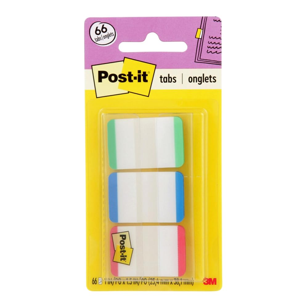 Post-it Sticky Tabs, 1 in. x 1.5 in., 3 Pads of Book Tabs in Assorted Primary Colors for Bookmarking, Annotating, Reading, and Reminders, Green, Blue, and Red (66 Total Count)