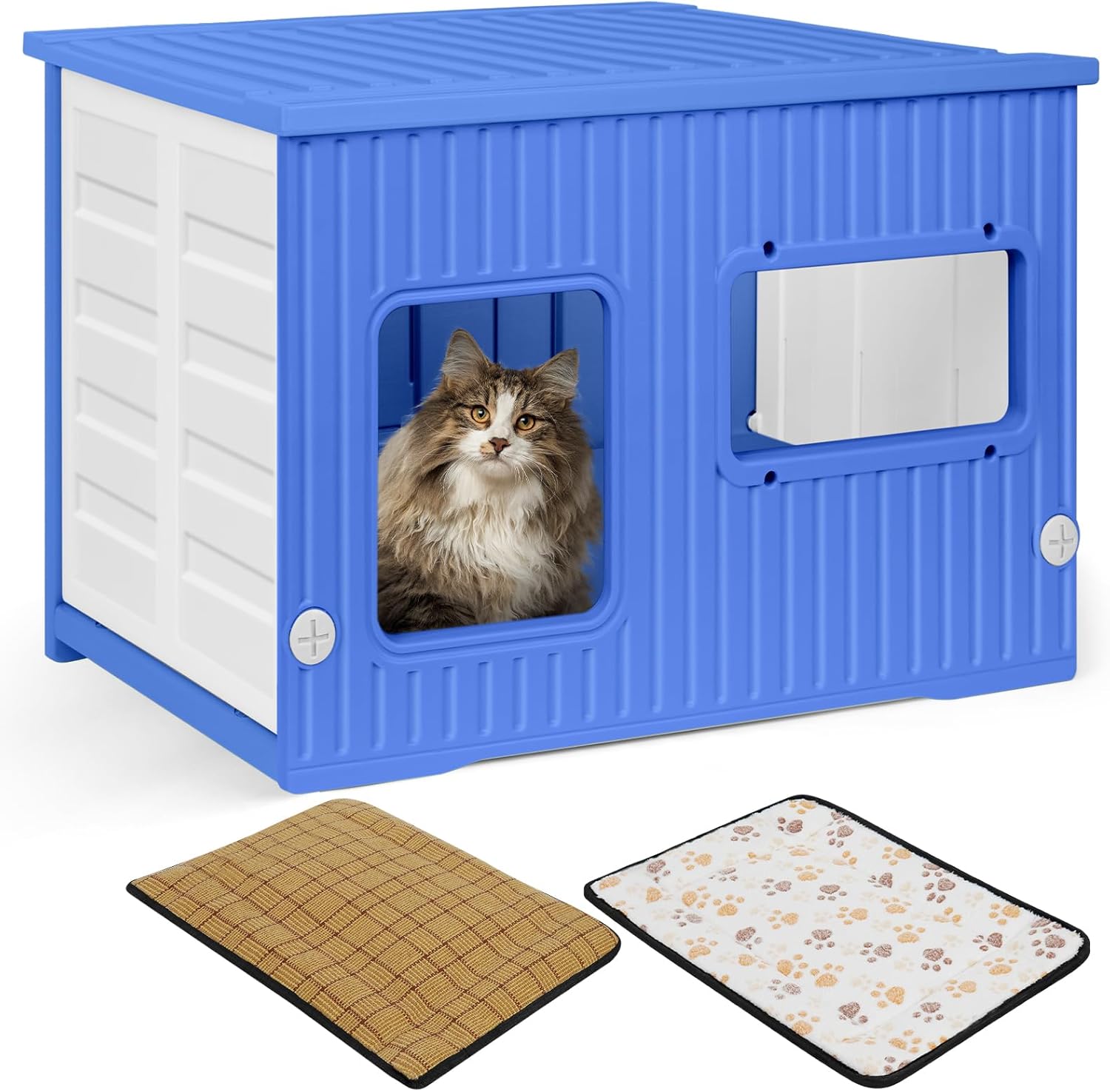 Plastic Cat House for Outdoor Indoor Use, Stackable Feral Cat Shelter Indoor Cat House Weatherproof Waterproof Elevated, with 2-Sided Cushion (Blue White)