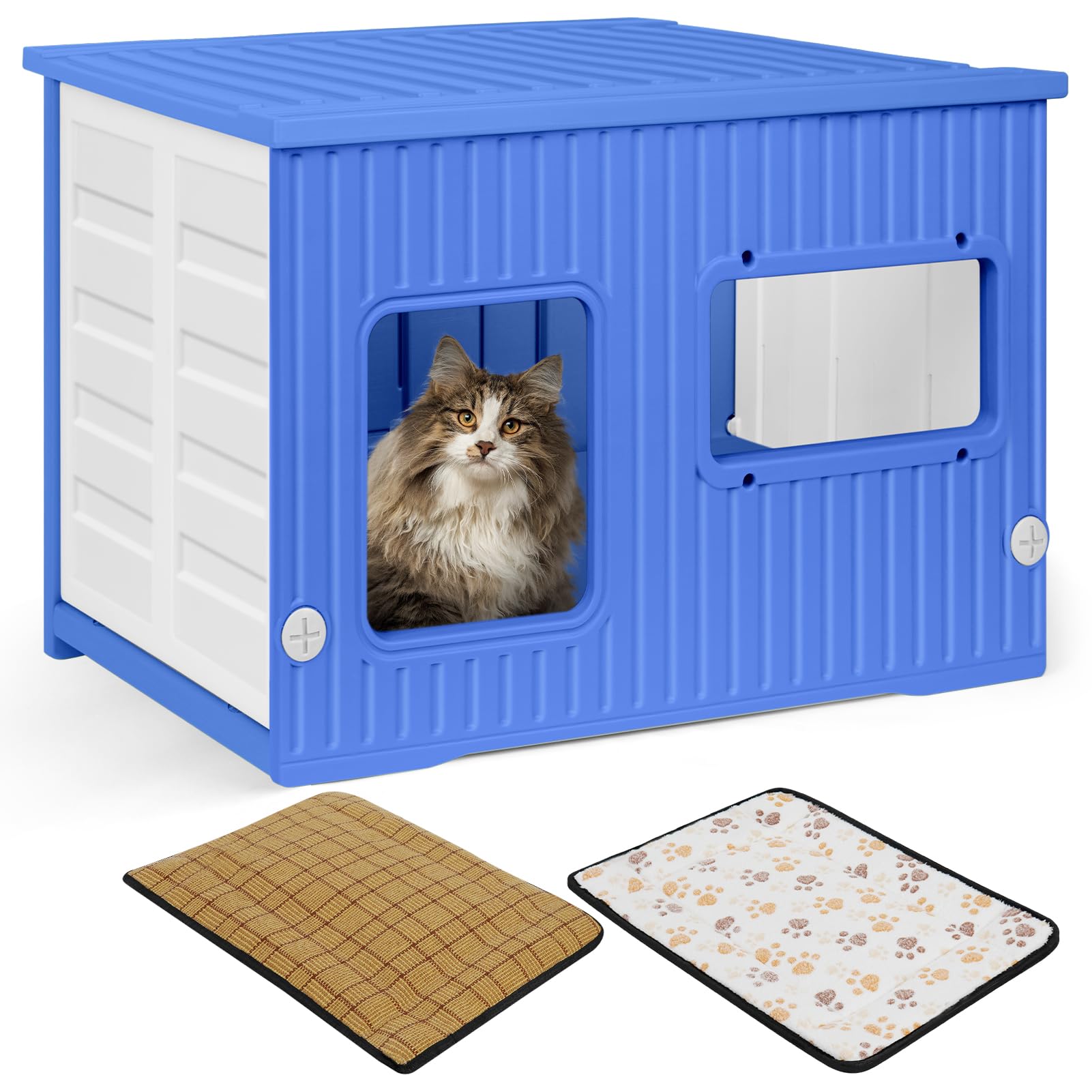 Plastic Cat House for Outdoor Indoor Use, Stackable Feral Cat Shelter Indoor Cat House Weatherproof Waterproof Elevated, with 2-Sided Cushion (Blue White)
