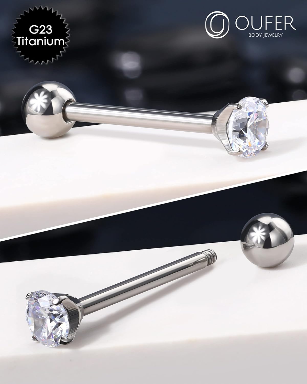 OUFER 14G Tongue Rings - Shiny Clear CZ Barbells, G23 Solid Titanium Piercing Jewelry, Nickel-free for Women Men - Image 5
