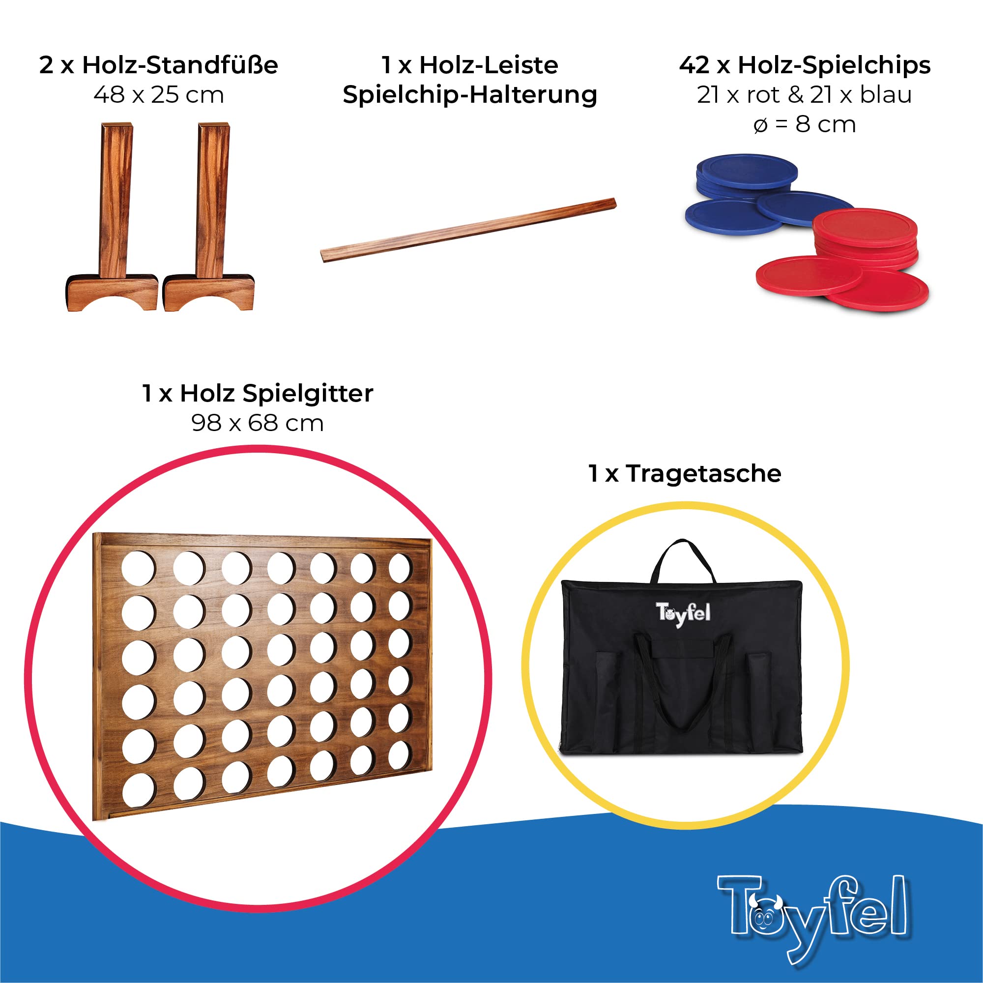 Toyfel Vier Gewinnt Spiel XXL Holzspielzeug aus FSC® Holz Indoor & Outdoor | Groß Spielklassiker Premium Gesellschaftsspiel für Erwachsene & Kinder ab 4 Jahren Spiele Strategiespiel Familienspiel Ace