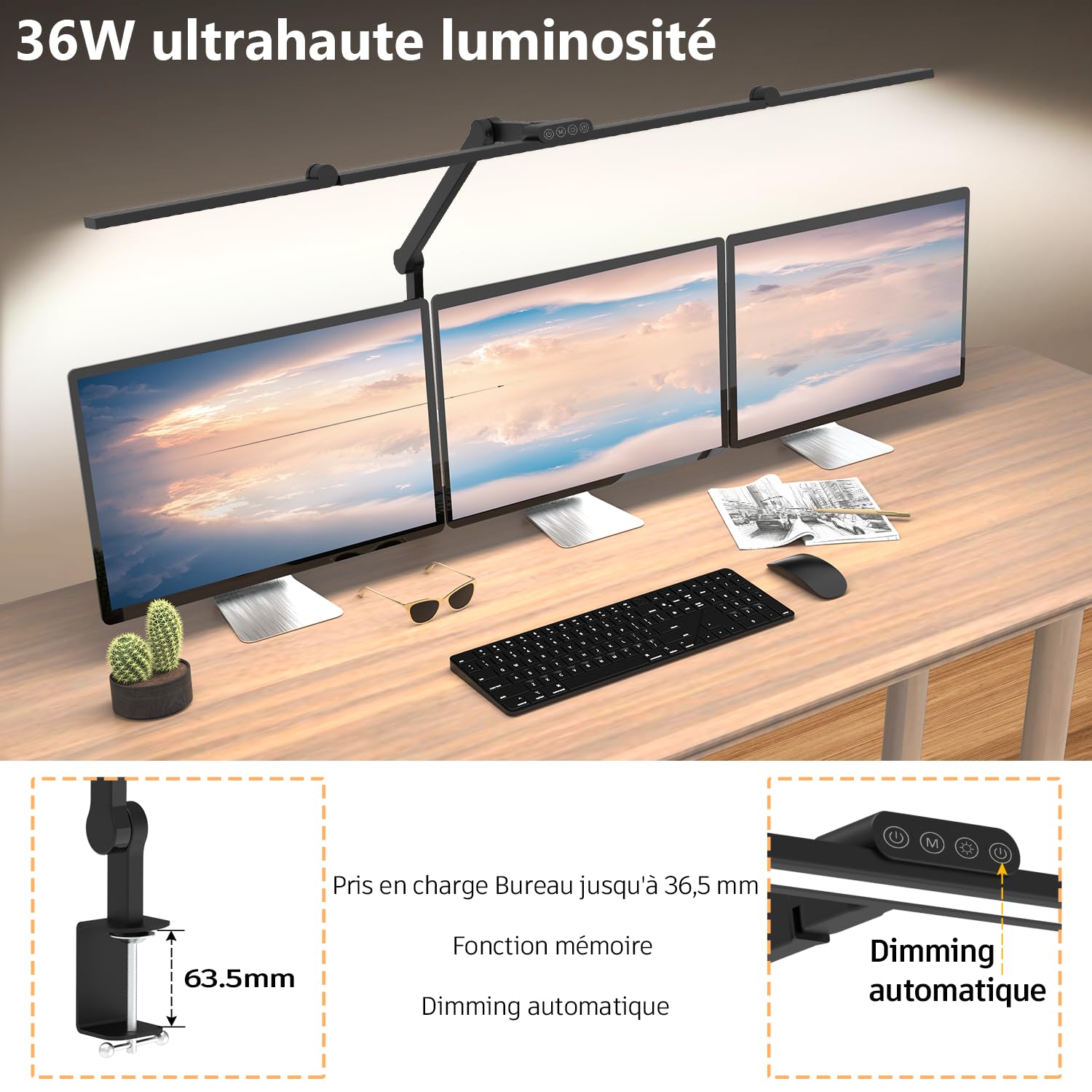 EPABINA Die 3000 Lumen Schreibtischlampe Klemmbar, 36W LED Dimmbar Tageslichtlampe, Drehbare Tischlampe, 120cm Monitor Lampe mit Automatischer Schreibtisch Beleuchtung für Zeichnen