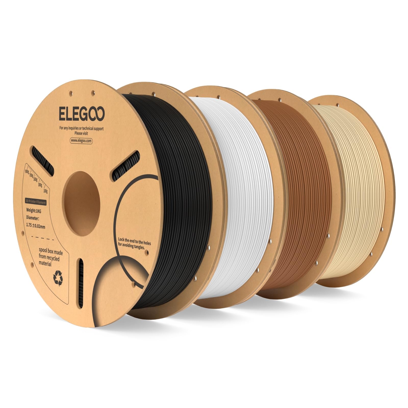 ELEGOO PLA Filamento Stampante 3D 1.75mm Nero/Bianco/Marrone/Beige 4KG | Bobina da 1kg, Precisione Dimensionale +/- 0.02mm, per La Maggior Parte delle Stampanti 3D