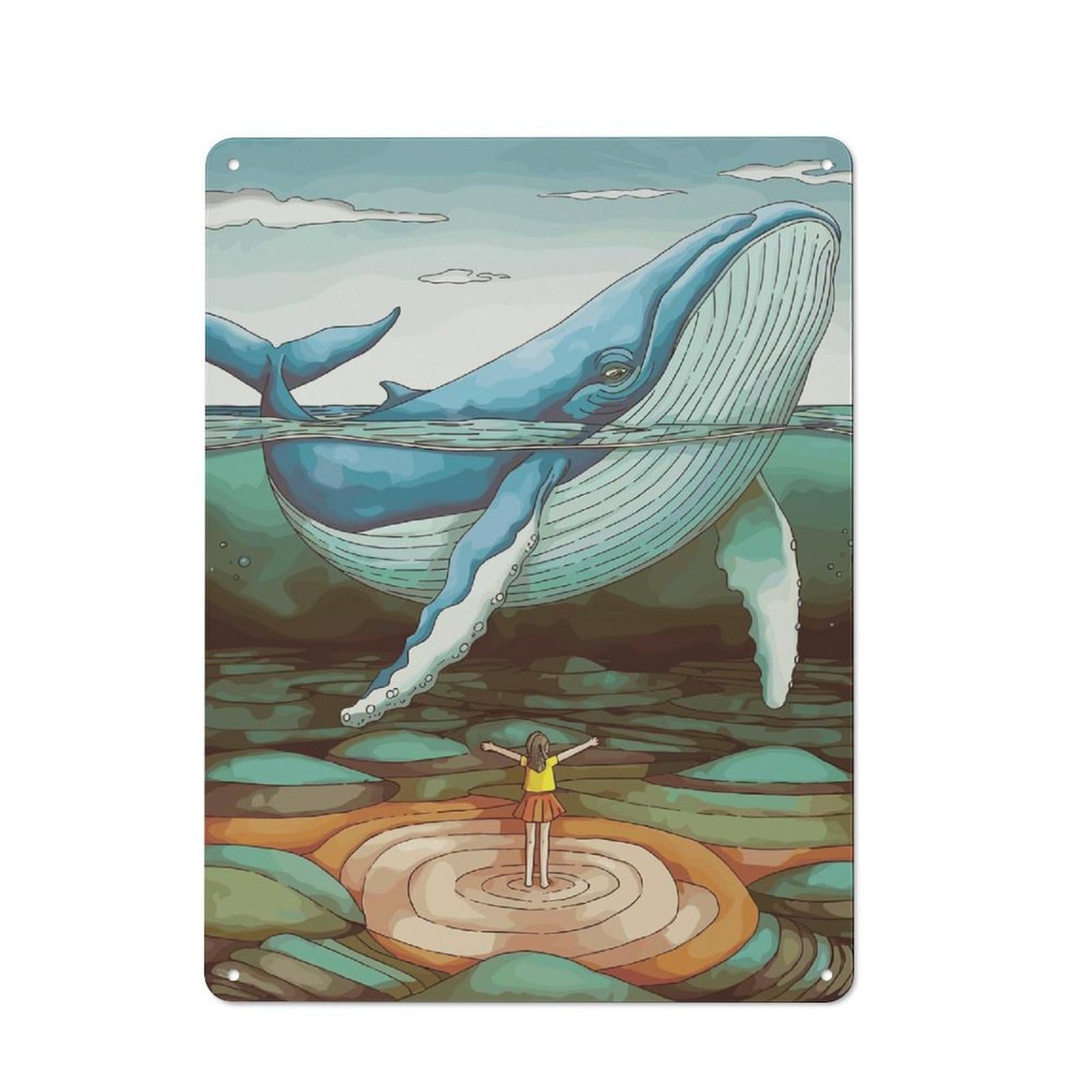 Whale And Girl Decorative Tin Sign 40x30cm, Old Fashioned Old Style Wall Plaque for Lounge, Study, Pub Or Wall Gallery