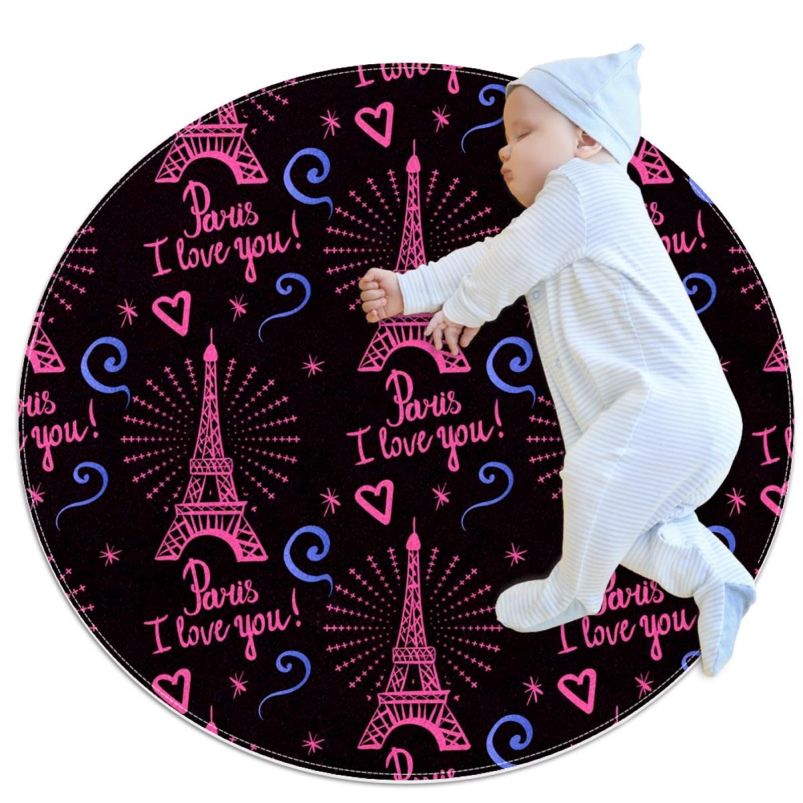 Tapis de salle de bain qui ne glisse pas Tour Eiffel rose rond 1m