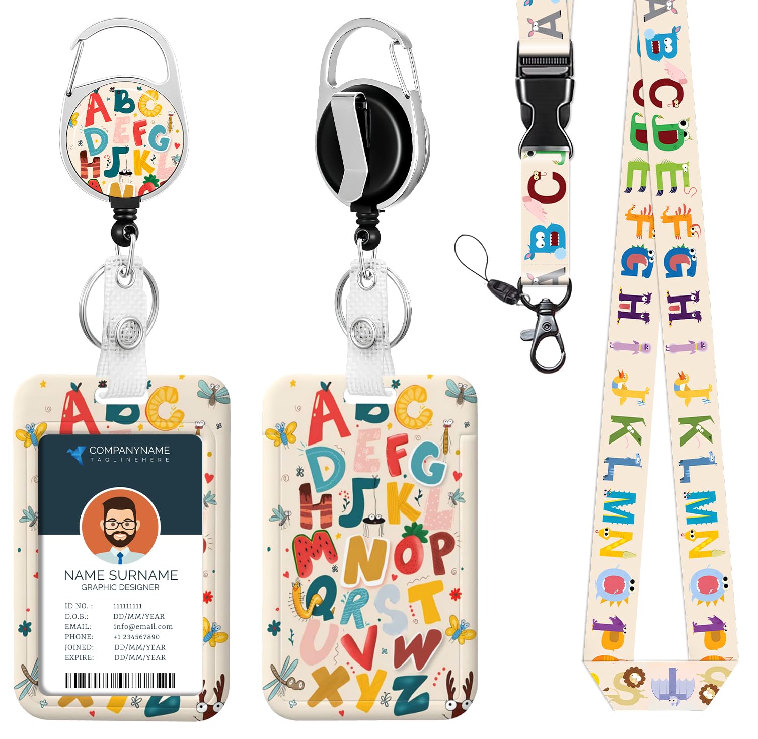 ID Badge Holder with Lanyard Colorful Alphabet Retractable Badge Reel Clip English Letter Lanyard Name Card Vertical ID Protector, ID Card Holder