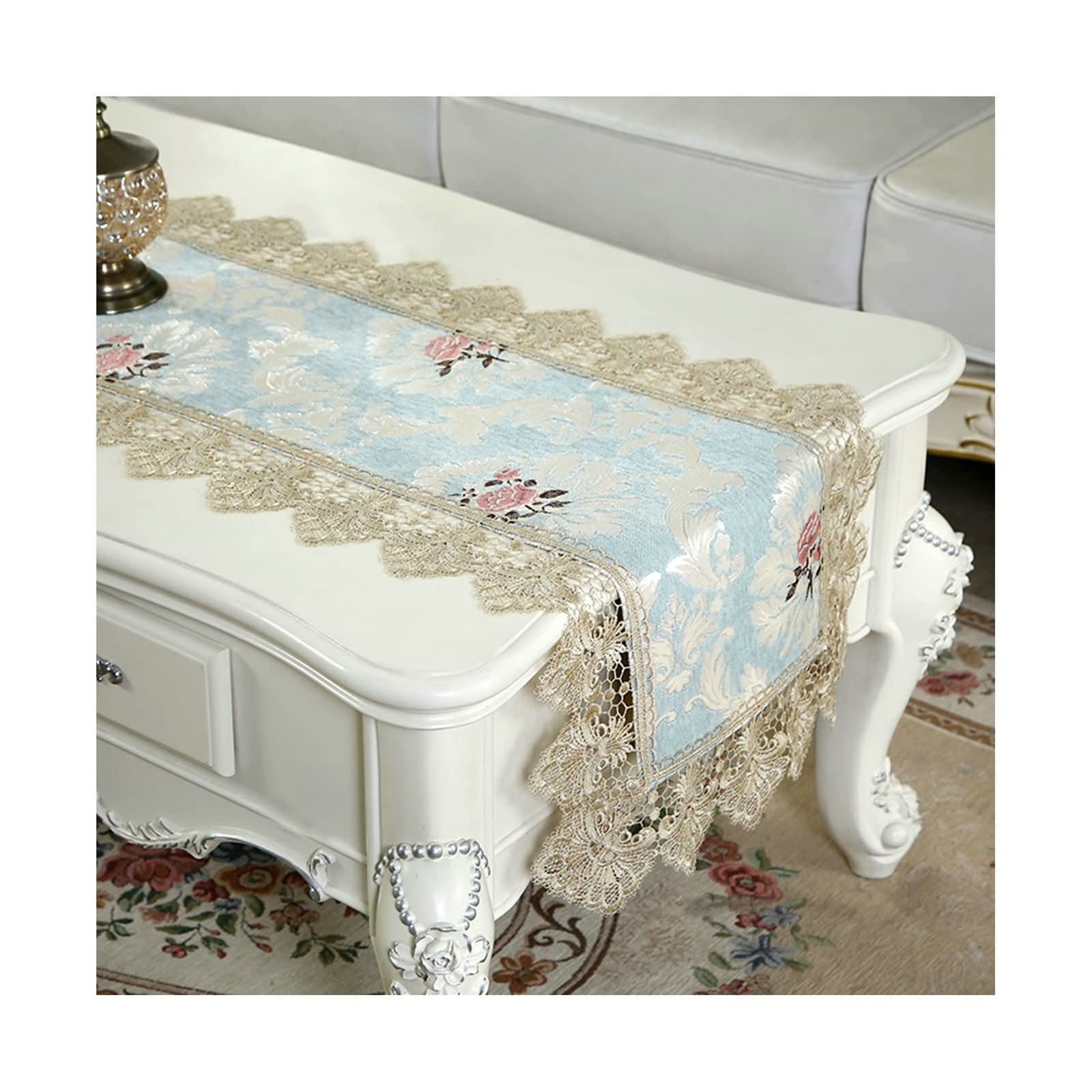 Chemin de table fleurs feuilles vintage bleu 40 x 180 cm