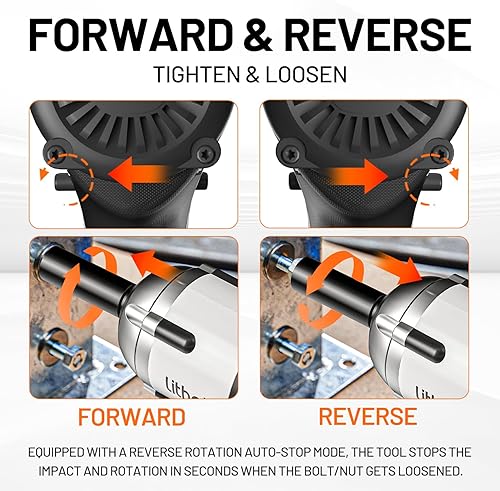 Miniatura 5 de LiTHELi Llave de impacto inalámbrica de 12 pulgada, 330 Ft-lb(450N.m) Pistola de impacto sin escobillas 2500 RPM, llaves de impacto de potencia de