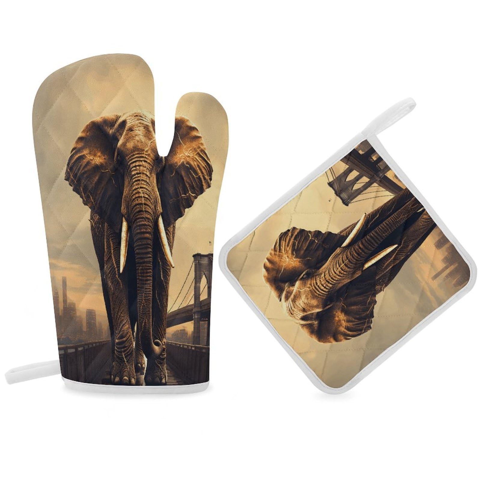 Fodpand Women's Style Elephant On A Bridge Oven Mitts And Pot Holders Sets,Oven Gloves For Kitchen Oven Mitts And Potholders For Baking Cooking Grilling Apartment Essentials