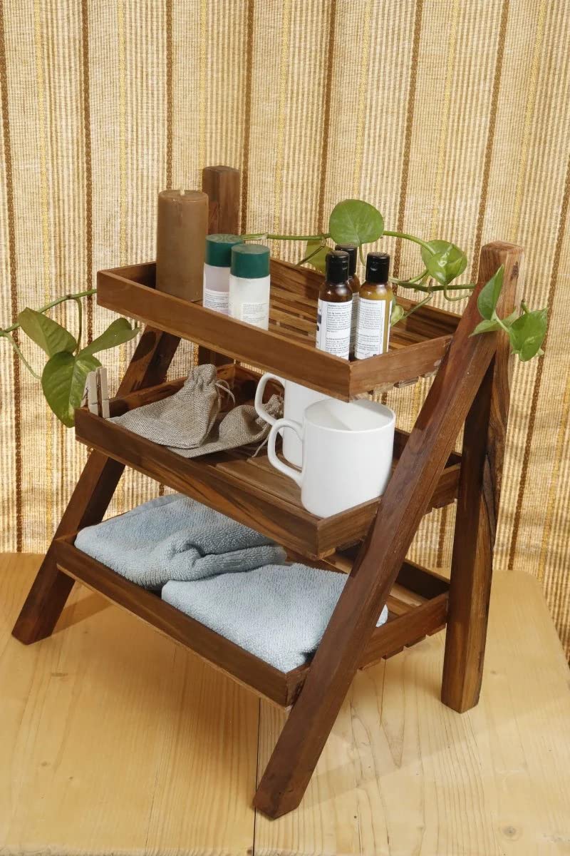 WoodMarwar Solid Sheesham Wood 3 Tier Ladder Shape Book Shelf for Living Room | Wooden Open Display Bookcase with 3 Shelf Storage for Home & Office | Rosewood, Natural Brown