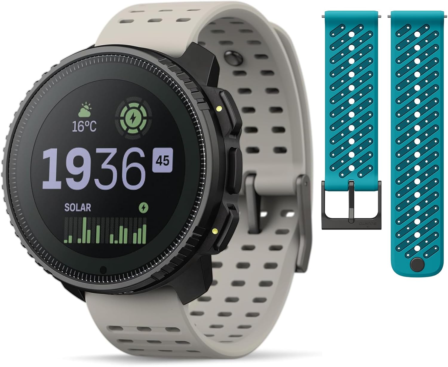 SUUNTO Vertical Adventure GPS Watch w/Offline Maps Steel Solar Sand & SUUNTO 22 ATH8 Silicone Strap Wave Blue S+M
