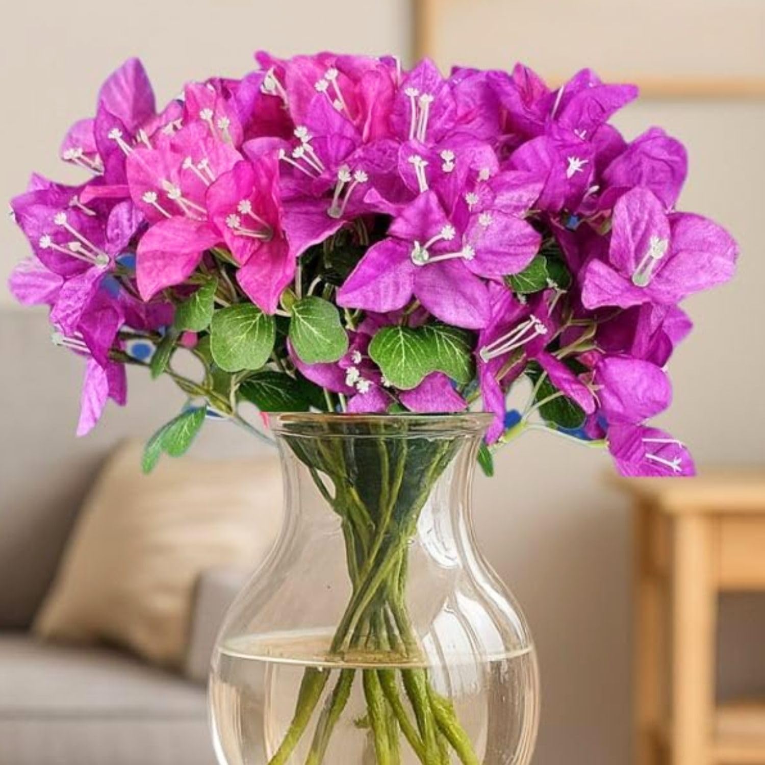 SATYAM KRAFT 6 Pcs Artificial Bougainvillea Glabra Fake Plant Flowers for Home, Room,Office | Flowers for Vases | Decoration Items for Living Room (Without Pot) (35 CM) (Purple)