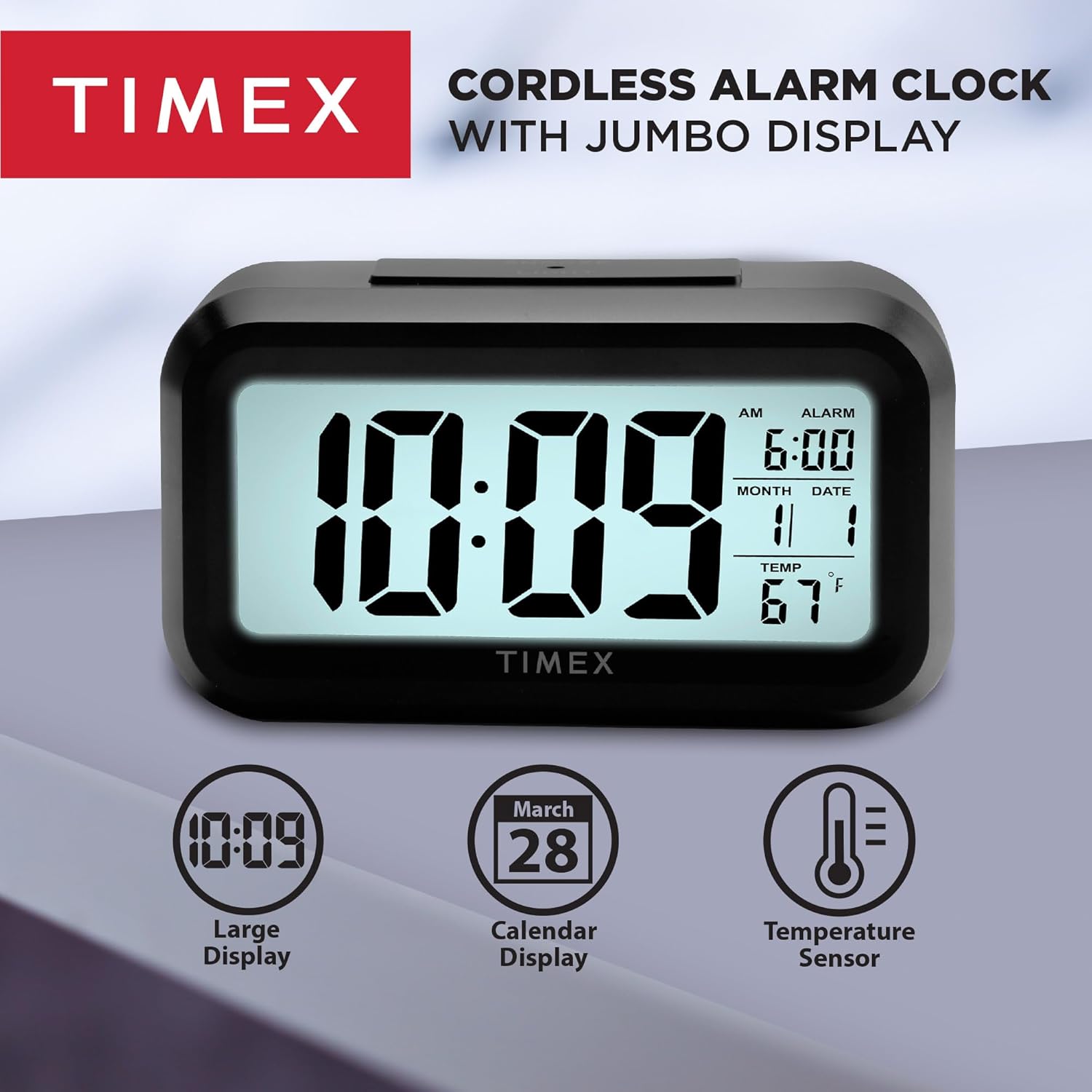 Timex Alarm Clock with icons for Large Display, Calendar Display, and Temperature Sensor