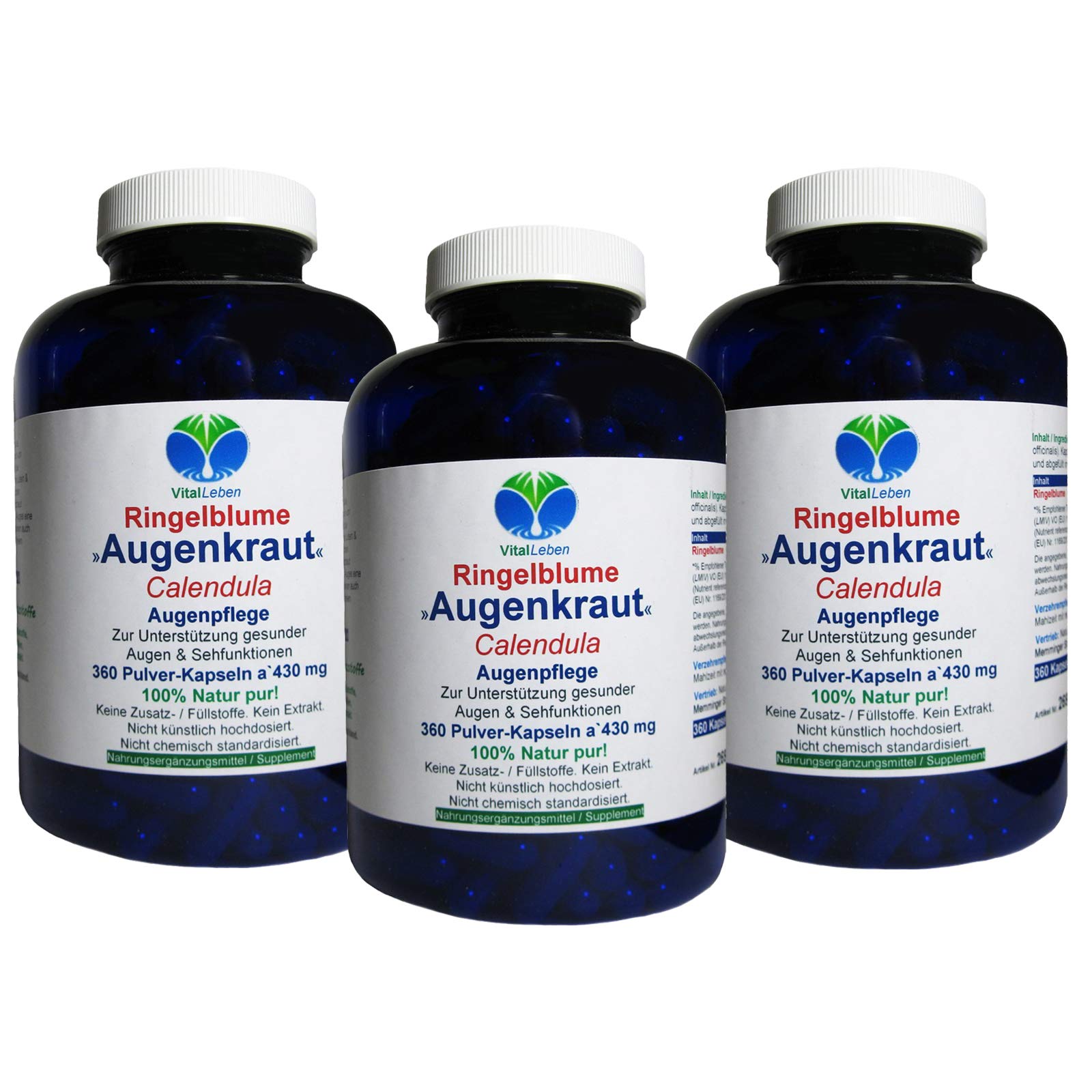 Sehkraft Kapseln Augenkapseln 1080 (3x360) Kapseln RINGELBLUME AUGENKRAUT pur - Lutein & Zeaxanthin VITAL COMPLEX + Netzhaut Maculapigmente - Natur pur - OHNE ZUSATZSTOFFE 26960-7