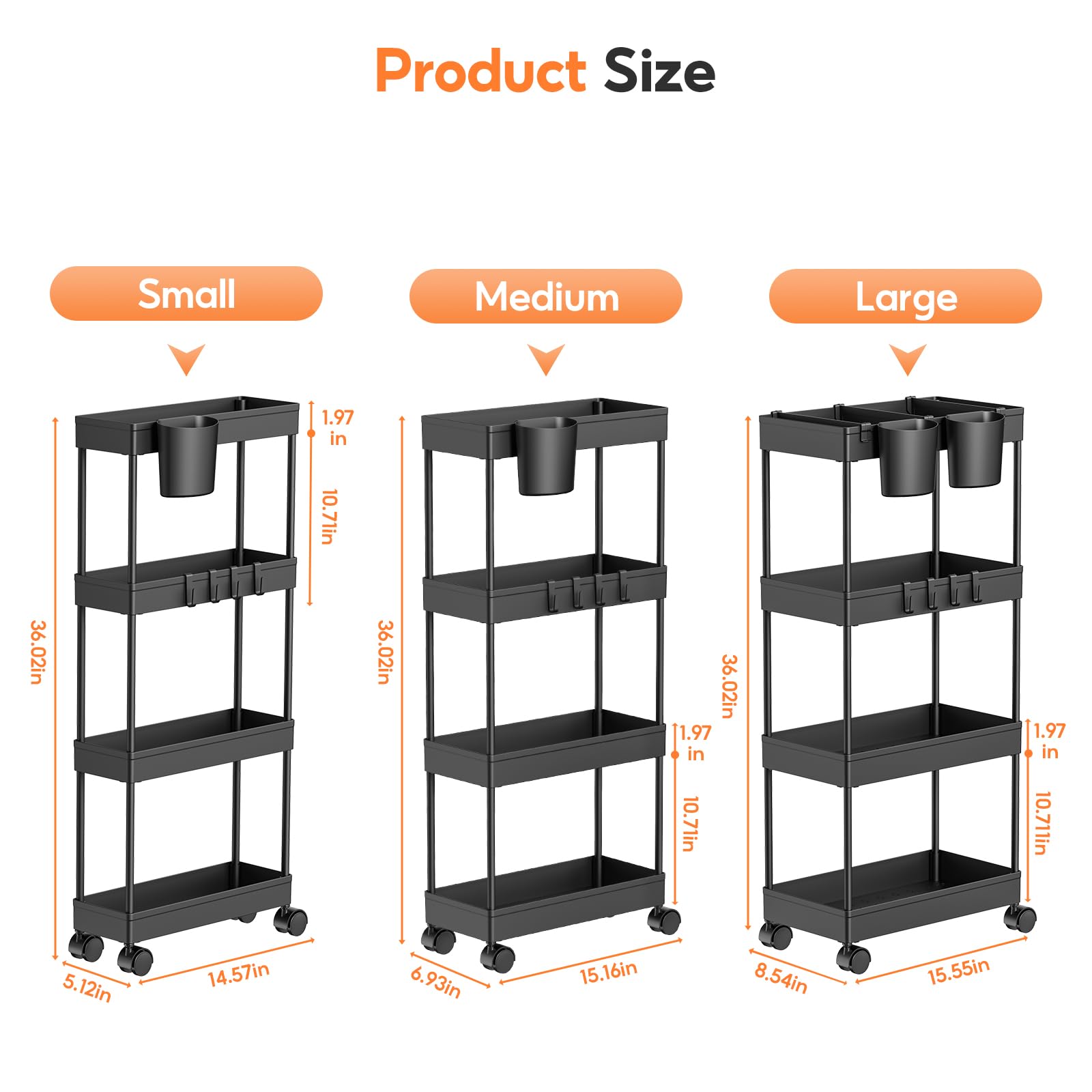 3PCS 4 Ebenen Aufbewahrungswagen mit Rollen, Platzsparender Mobiler Schmaler Badezimmerwagen, Minimalistisch allzweckwagen für Bad & Küche, Schwarz