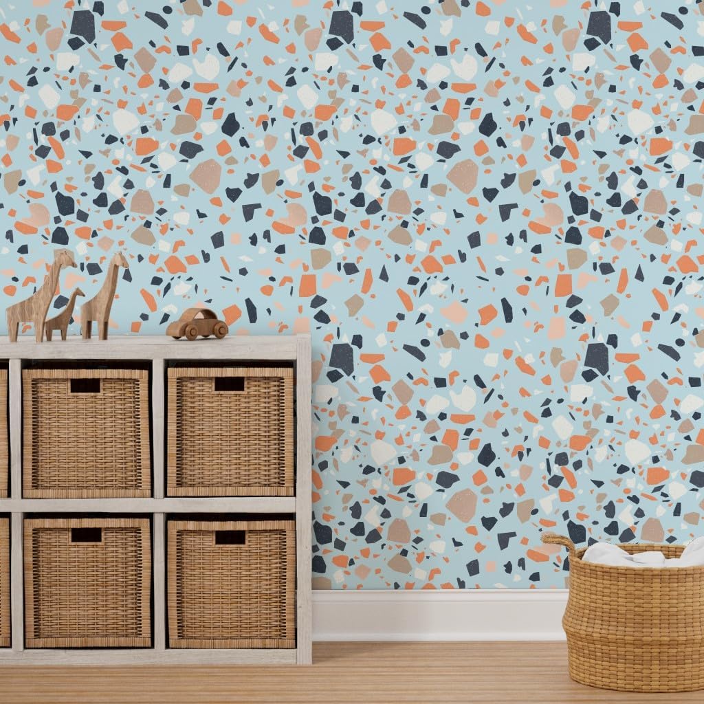 Peel & Stick Wallpaper 3ft x 2ft - Terrazzo Orange Retro Rock Stone Flooring Custom Removable Wallpaper by Spoonflower