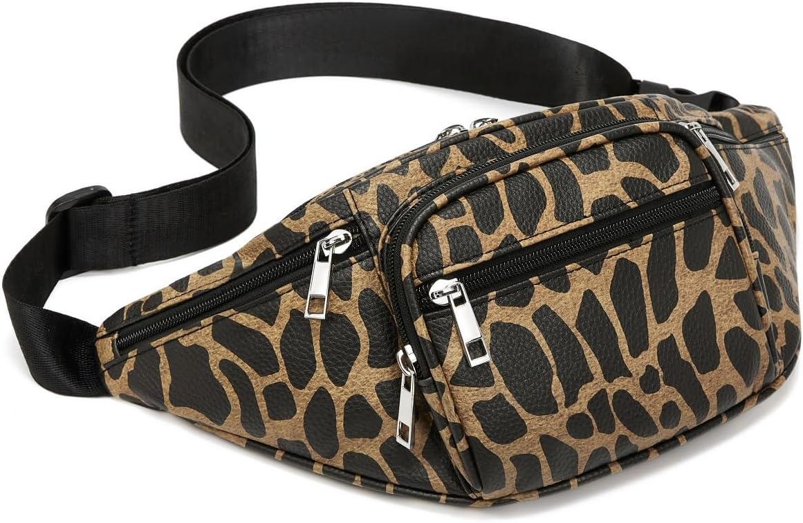 Fashion Signature Series Faux Leather 6 Pockets Fanny Pack Waist Pack -Leopard
