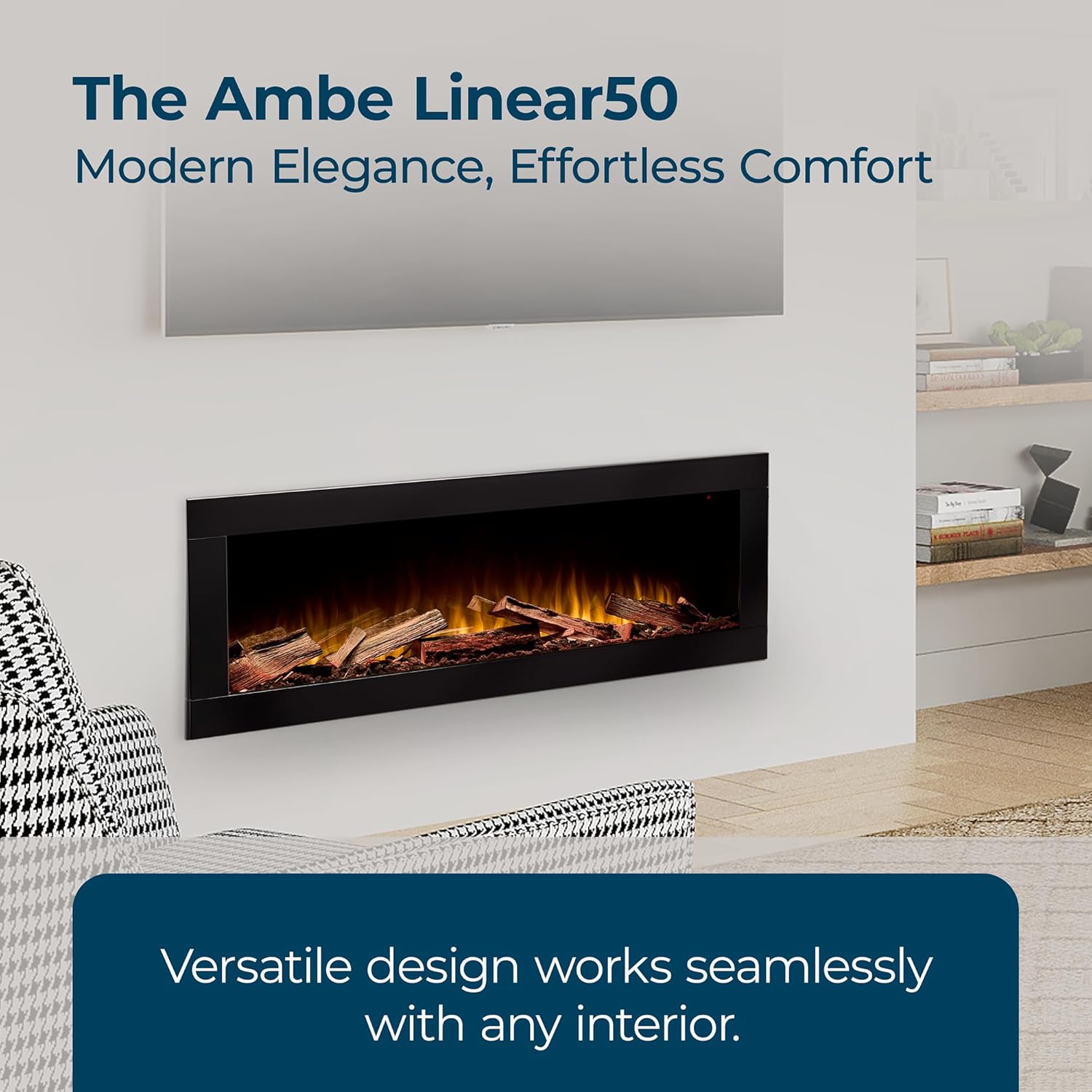 Ambe Linear 50" Electric Fireplace with Real Wood | Hidden Vent Design | Midwest Hardwood Log Set | Recessed or Built-in | Deep Realistic Ember Bed | Fireplace Insert Heater | Trim or Frameless
