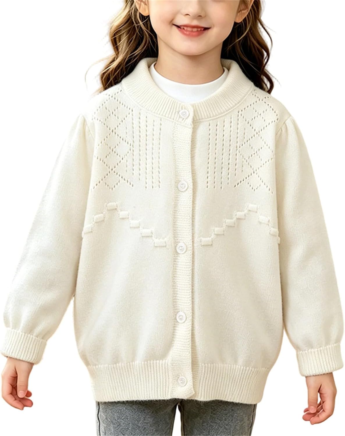 Toddler Girls Cardigan Sweater Button Down Crew Neck Hollowed Knit Sweaters Open Front School Uniform Basic Knitted Coat