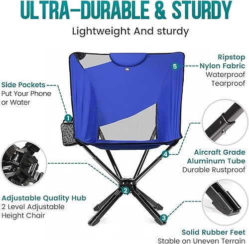 Miniatura 7 de Riselite - Silla de campamento portátil con respaldo alto y altura ajustable, pequeña silla plegable compacta para exteriores para viajes de