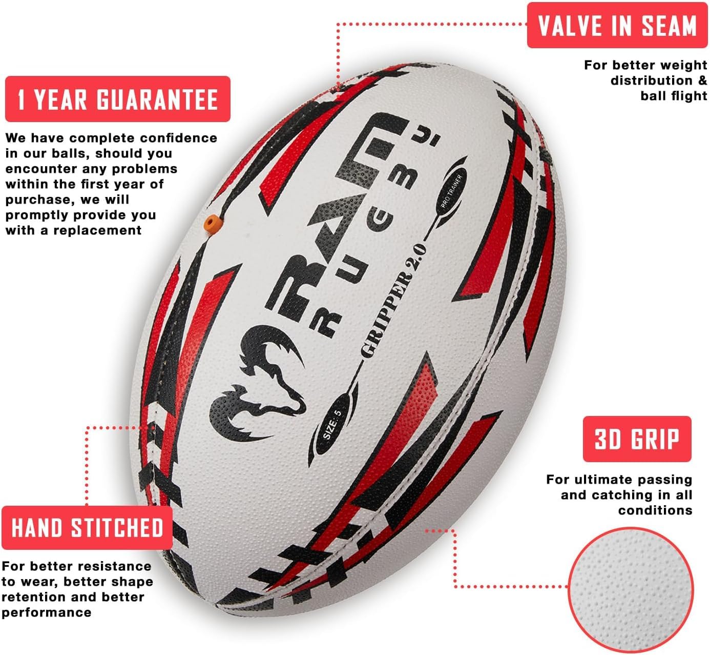 Ram Rugby Zestaw piłki treningowej, rozmiar 5/4/3, z uchwytem 3D i ręcznie szyty, w zestawie stojak na piłkę i torba do noszenia