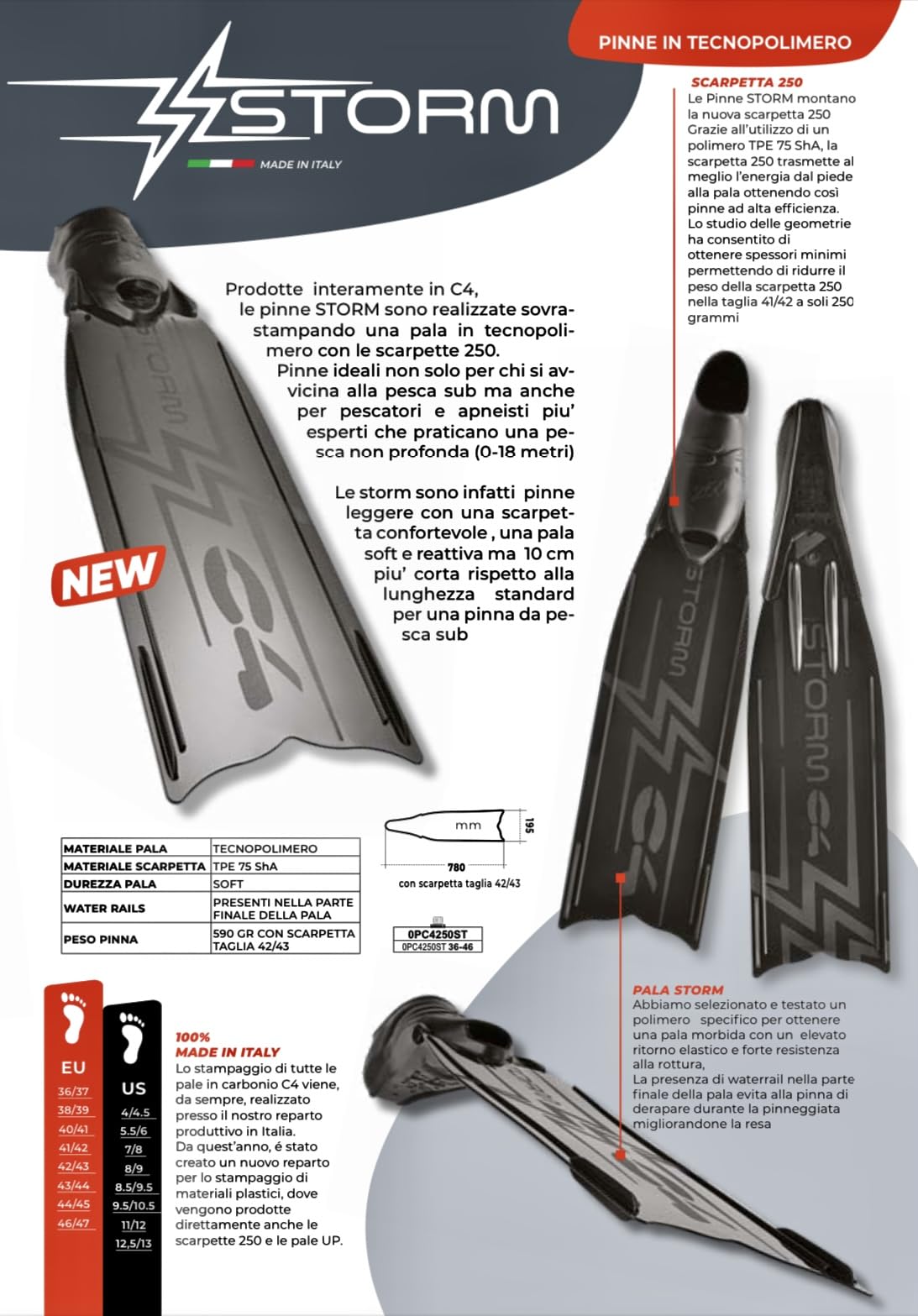 C4 Pinne STORM - Pala Soft in Tecnopolimero e Scarpetta 250 Apnea Pesca Subacquea