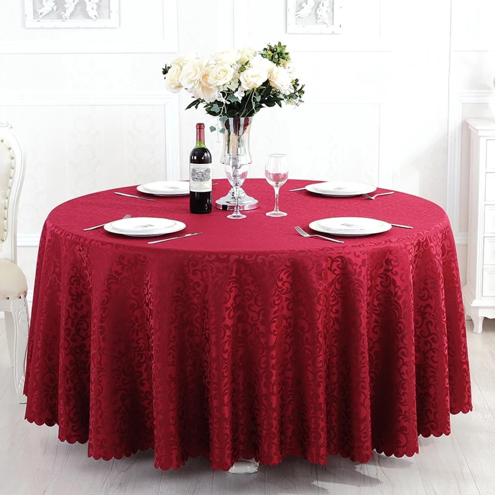 Nappe en polyester jacquard bordeaux de qualité supérieure pour tables rondes