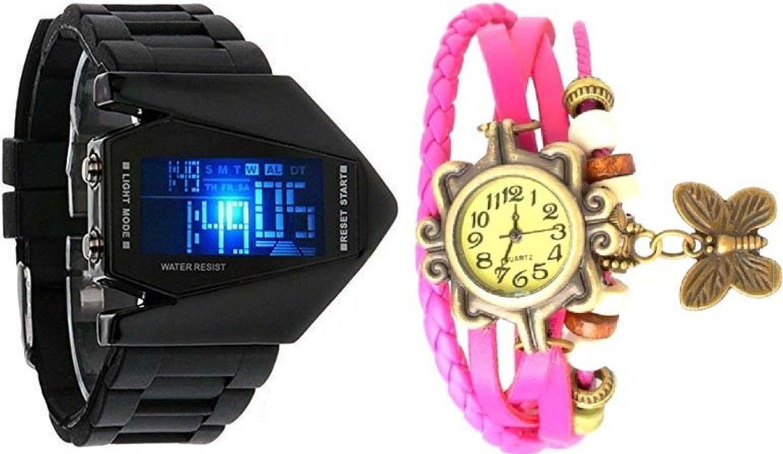 Pappi BossPappi Haunt Pack of 2 Digital Black Aircraft & Vintage Pink Leather Bracelet Butterfly Wrist Watch