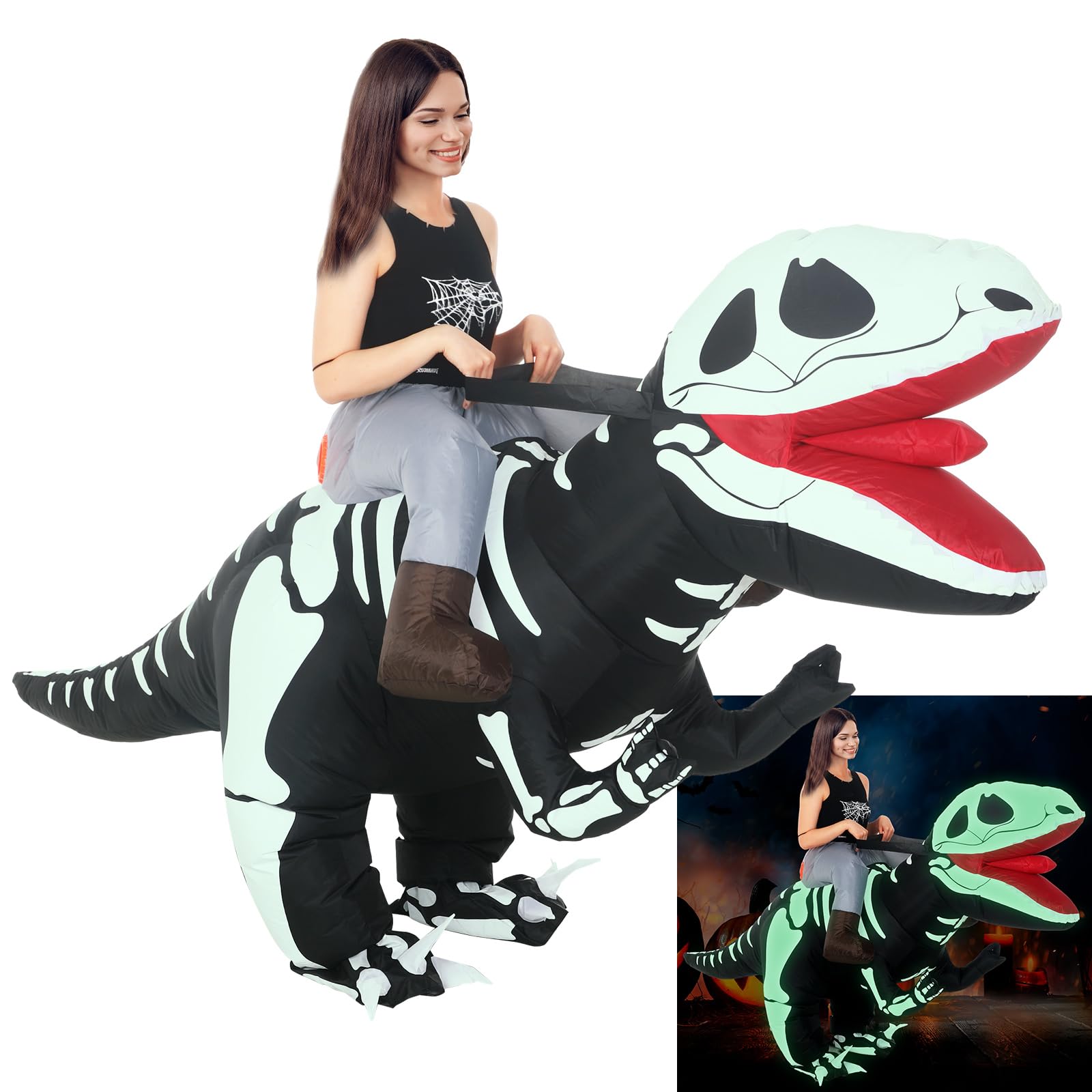 Panitay Inflatable Dragon Costume Blow Up Raptor Inflatable Costume Glow in the Dark Skeleton Inflatable Dinosaur Costume