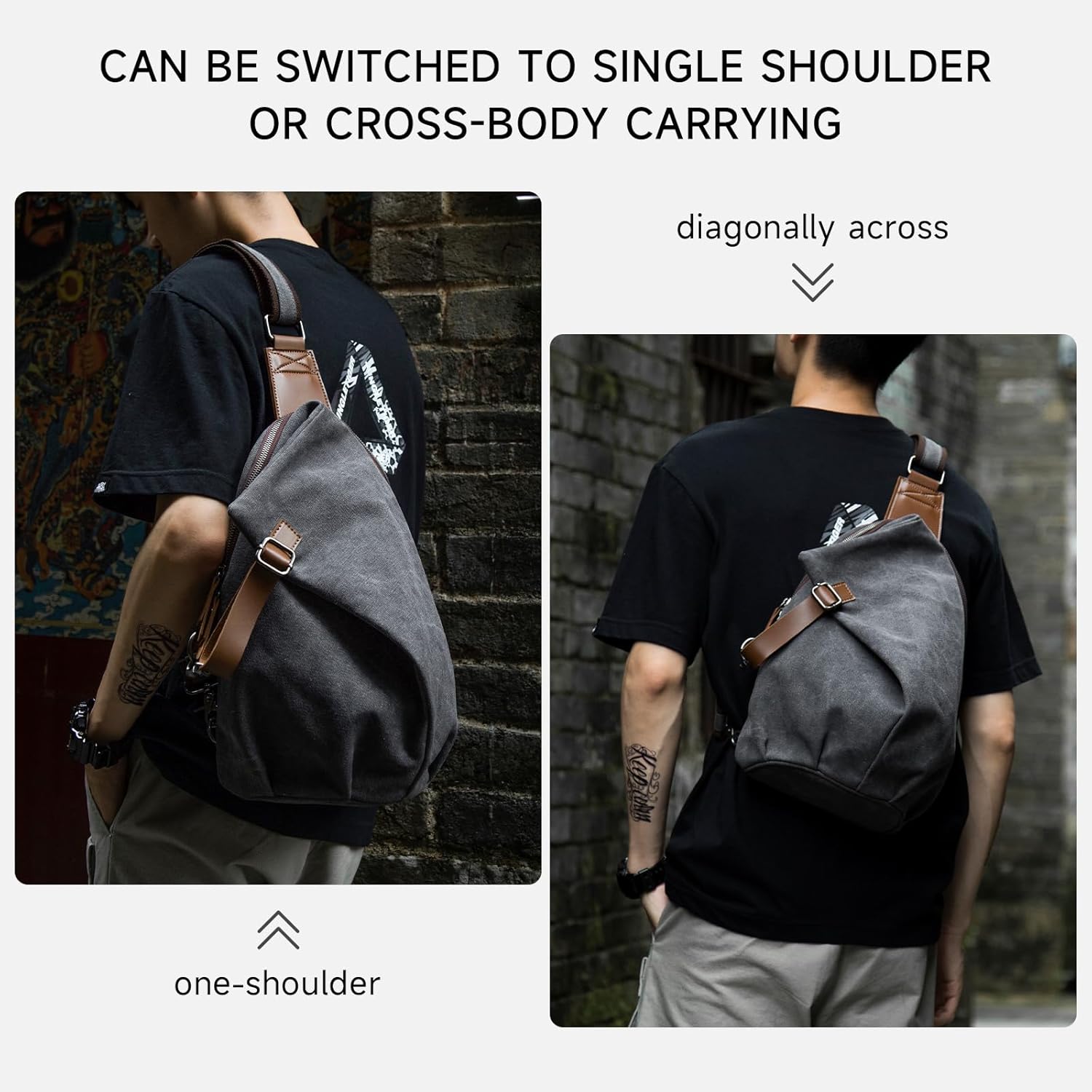 MOYYI Canvas Sling Bag for Men Women, 10L Crossbody Bag Small Backpack, Casual Daypack with Anti-Theft Pocket, Vintage Canvas Shoulder Bags for Travel, Daily, Hiking, Work (Grey)