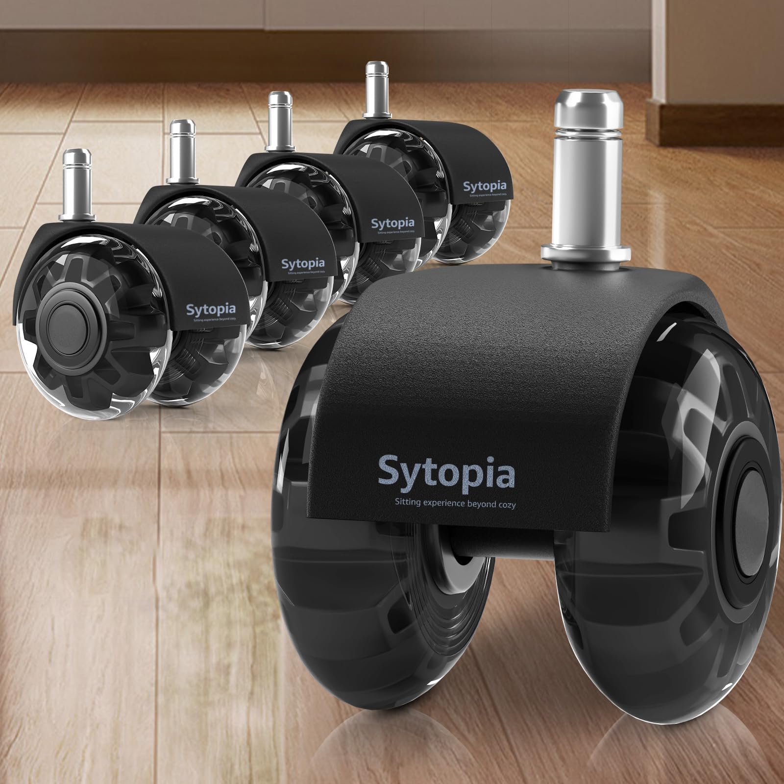 Sytopia Rubber Office Chair Wheels, 11 x 22 mm, Quiet and Soft for Hard Floors, Suitable for Desk and Gaming Chairs, No Scratch, Set of 5 (Black, Not Compatible with 1KEA Chairs)