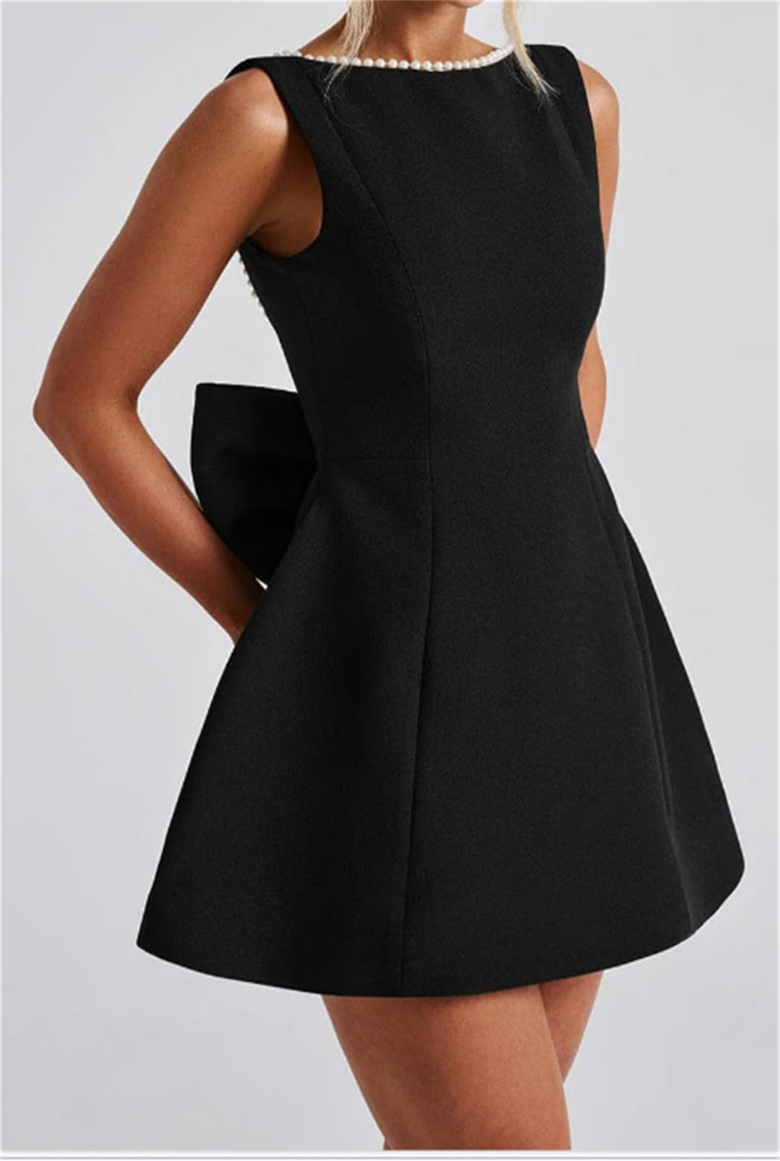 Vestido de verano para mujer, sin mangas, con lazo, perla, corto, sexy, delgado, sin mangas, espalda abierta, mini vestidos formales
