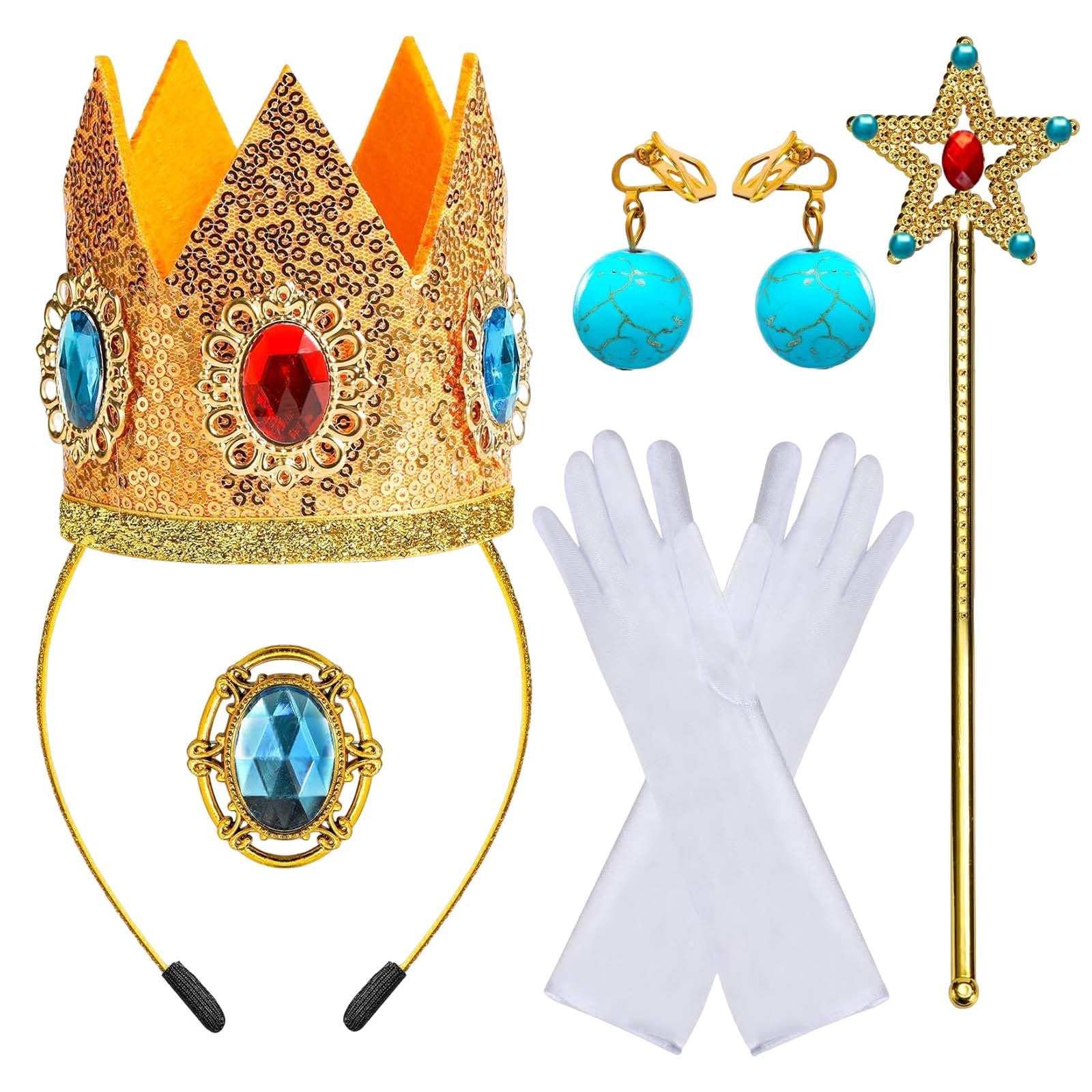 Kecartu 5PCS Princess Dress Up Accessories Set, Includes Crown Earrings Brooch Gloves Wand, Princess Crown Accessories Kit for Women Halloween Christmas Cosplay Party