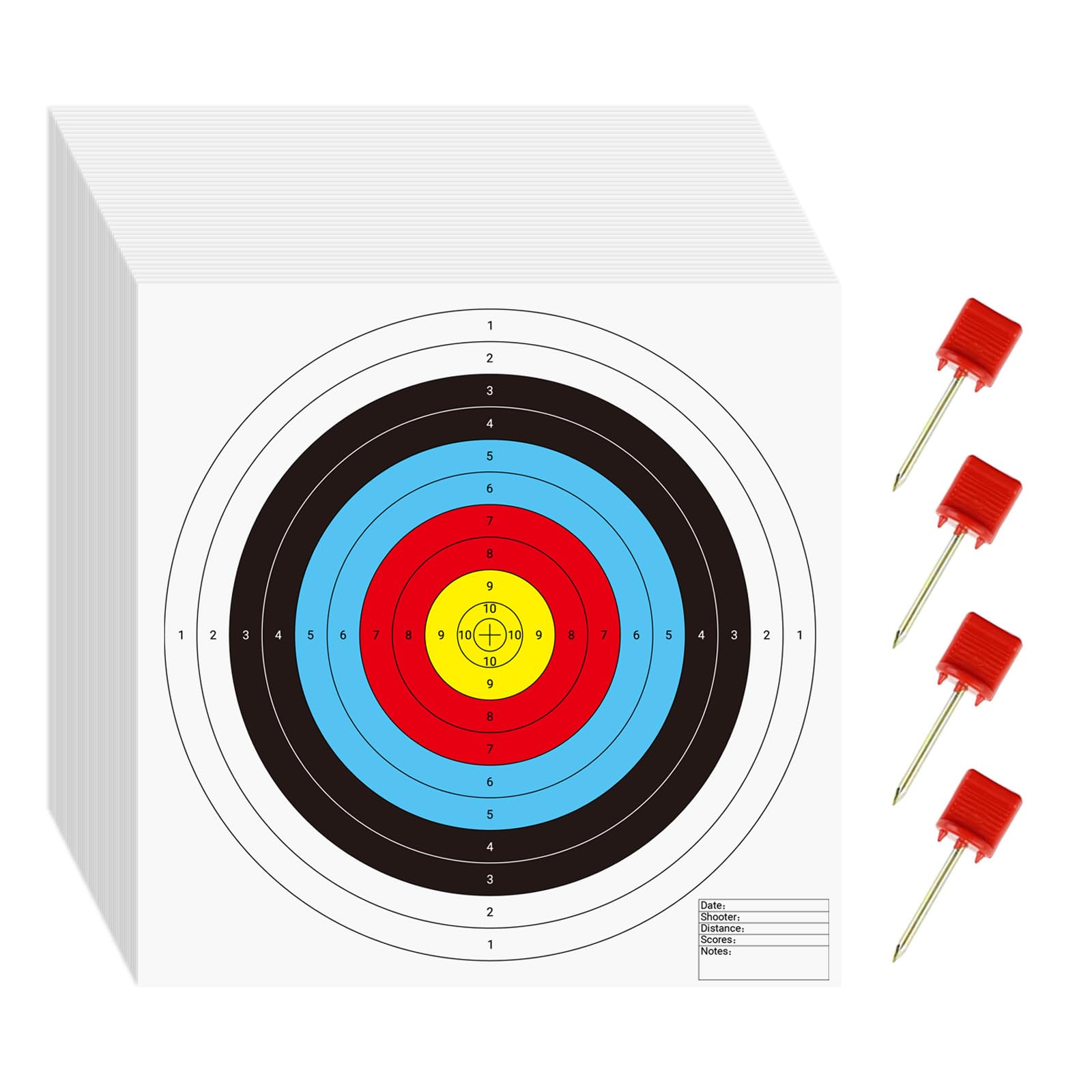 suituts 100 Pcs Bullseye Paper Shooting Targets with 4 Pcs Archery Target Pins, Archery Targets Paper 16x16 Inch 10 Ring Bow and Arrow Targets for Indoor or Outdoor Range