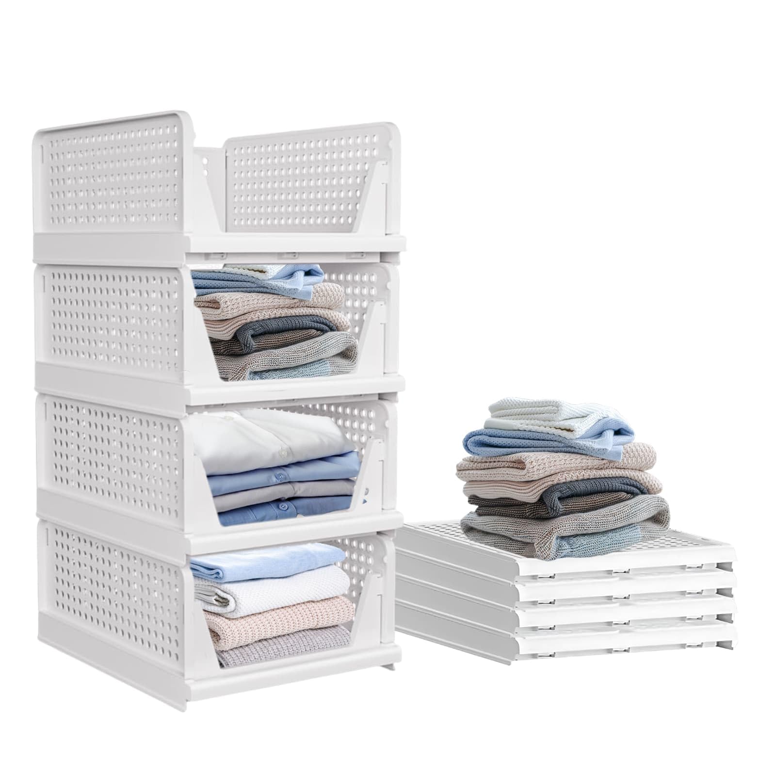 Wardrobe Folding Storage Organizer 4pcs, Stackable Wardrobe Storage Drawers, Folding Storage Boxes Baskets to Save Space for Wardrobe Cabinets Pantry Laundry Room Organizer