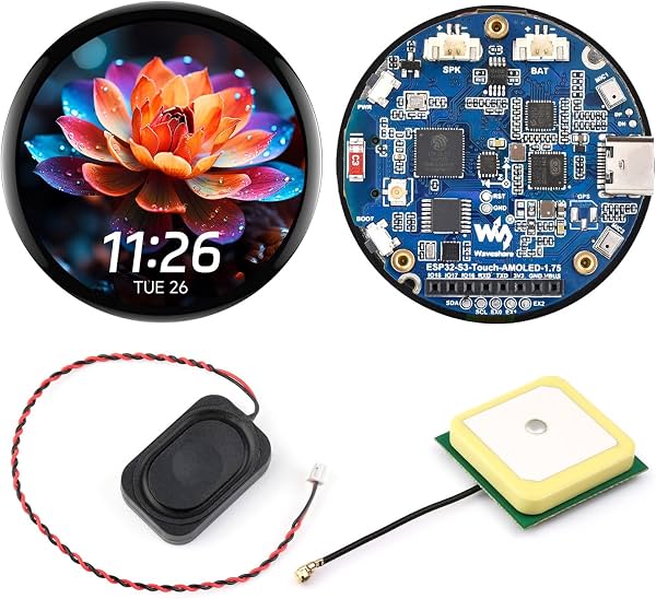 Waveshare Placa de Desarrollo ESP32-S3 con Pantalla Táctil Redonda AMOLED 1.75 Pulgadas, Dual-Core LX7 32-bit, 466×466, QSPI, Doble Matriz de Micrófonos Digitales, ESP32 con Pantalla, con GPS