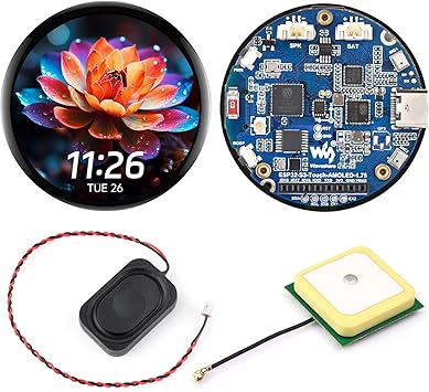 Waveshare ESP32-S3 1.75inch AMOLED Round Touch Display Development Board, 32-bit LX7 Dual-core, 466466, QSPI, Dual Digital Microphones Array, ESP32 with Display, with GPS
