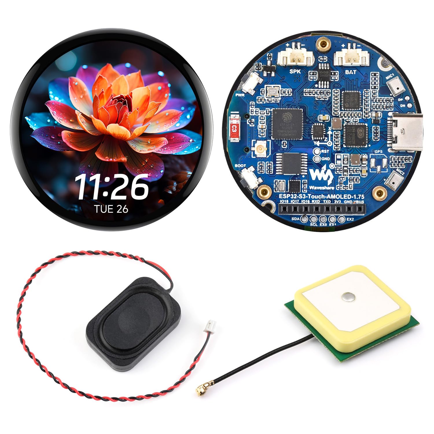 Waveshare ESP32-S3 1.75inch AMOLED Round Touch Display Development Board(GPS Version, No Case), 32-bit LX7 2-Core Processor, 466x466, QSPI Interface, 2 Digital Microphones Array, ESP32 with Display