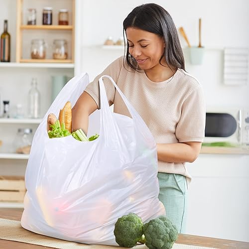 Vista 11 de Kisston 400 bolsas de plástico para camisetas de tamaño jumbo con asas, 35 micrófonos, bolsas grandes de plástico liso para comestibles, gruesas