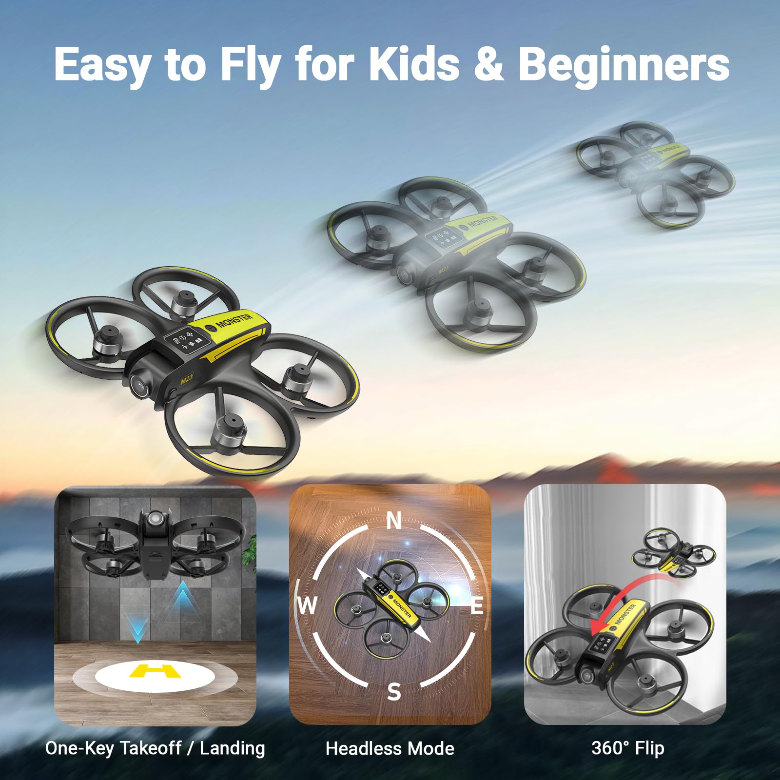 Drone per bambini con telecamera e telecomando con schermo da 4.5" – Drone RC per principianti con motore brushless, volo stazionario con flusso ottico, decollo con un tasto, video FPV, 2