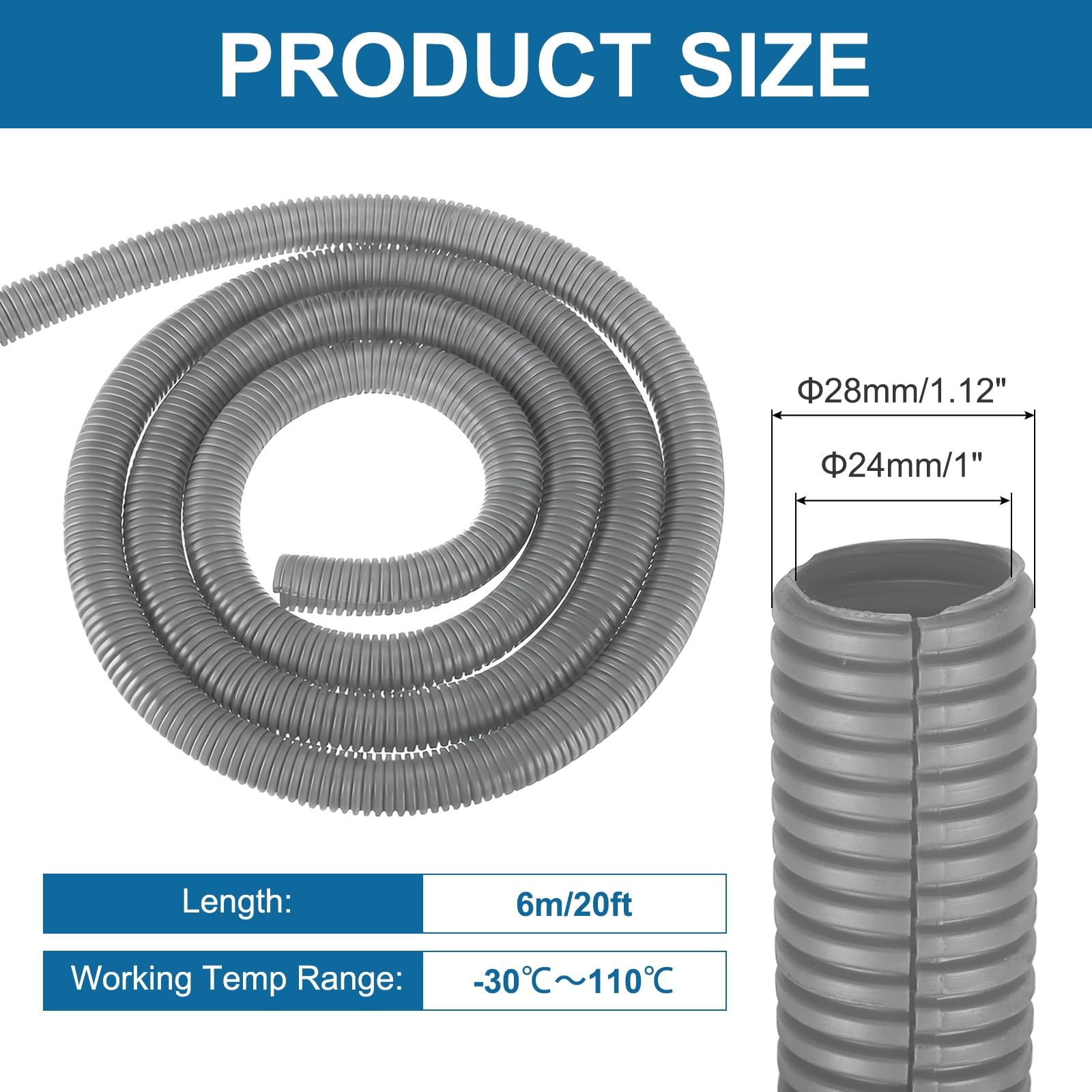 sourcing map Tube de protection flexible de 2,5 cm et 6,1 m avec outil d'installation - Gaine de gestion de câbles pour câbles électriques et automobiles - Gris
