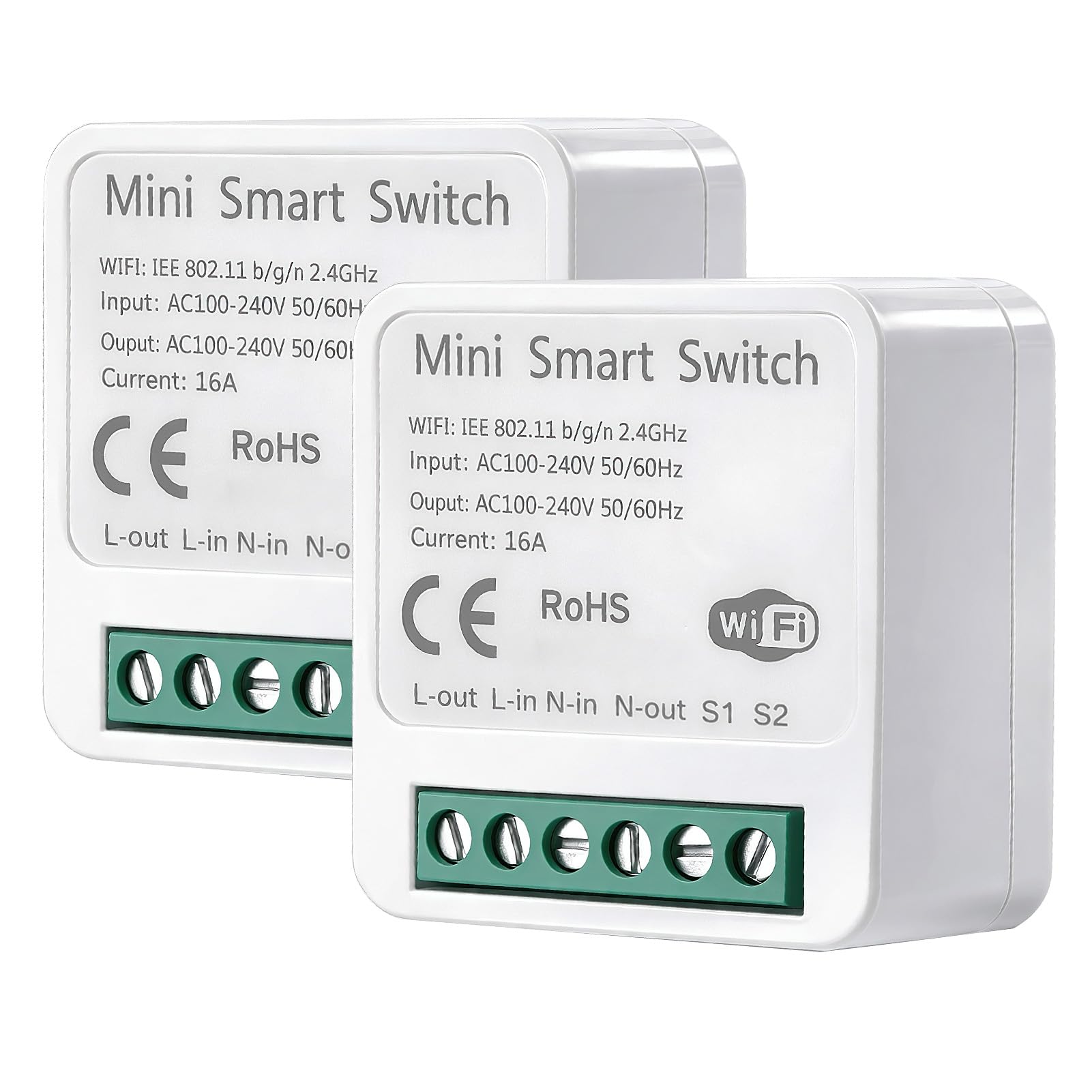 2pcs Interruptor Inteligente WiFi, Smart Switch WIFI Compatible con Alexa Tuya y Smart Life, Mini Interruptor WiFi DIY, Interruptore Inteligente 2.4GHz, Requiere Cable Neutro